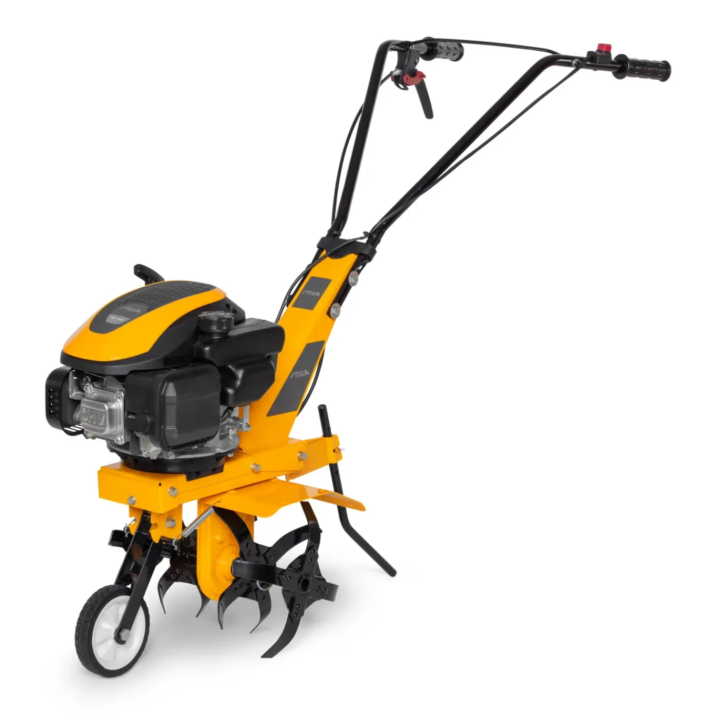 Overig Roterende tuinfrees met 123 cc benzinemotor, 36 cm werkbreedte en 12 cm werkdiepte, uitgerust met 4 metalen rotoren en 1 transportwiel vooraan.