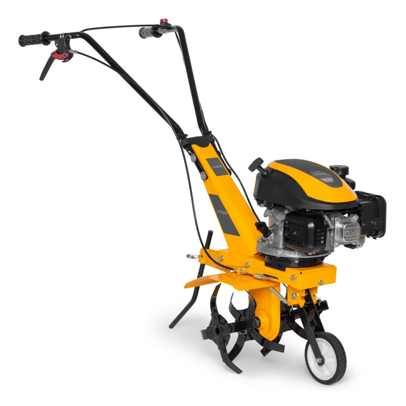 Overig Roterende tuinfrees met 123 cc benzinemotor, 36 cm werkbreedte en 12 cm werkdiepte, uitgerust met 4 metalen rotoren en 1 transportwiel vooraan.