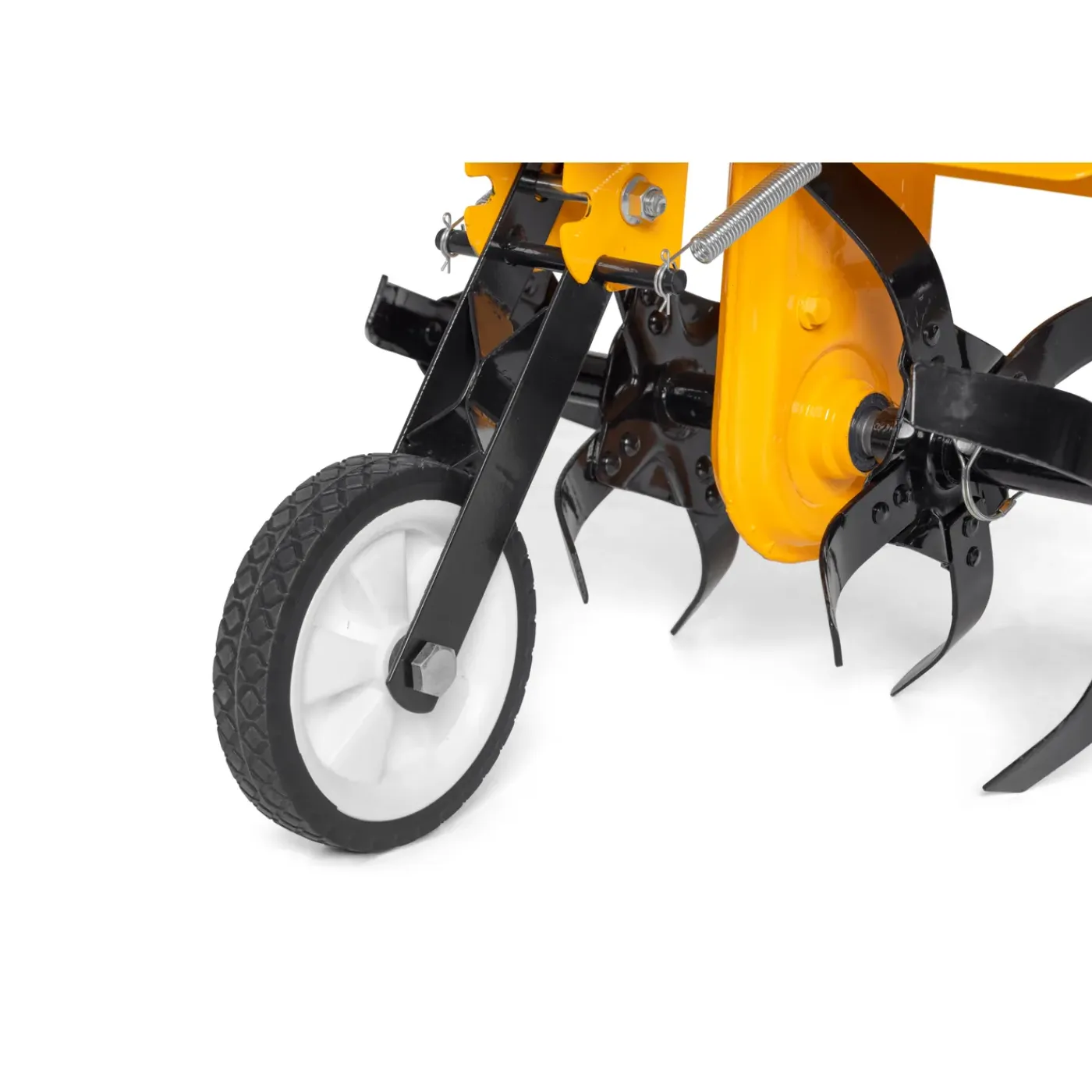 Overig Roterende tuinfrees met 123 cc benzinemotor, 36 cm werkbreedte en 12 cm werkdiepte, uitgerust met 4 metalen rotoren en 1 transportwiel vooraan.