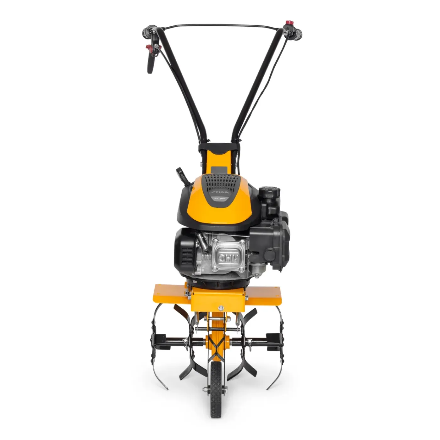 Overig Roterende tuinfrees met 123 cc benzinemotor, 36 cm werkbreedte en 12 cm werkdiepte, uitgerust met 4 metalen rotoren en 1 transportwiel vooraan.