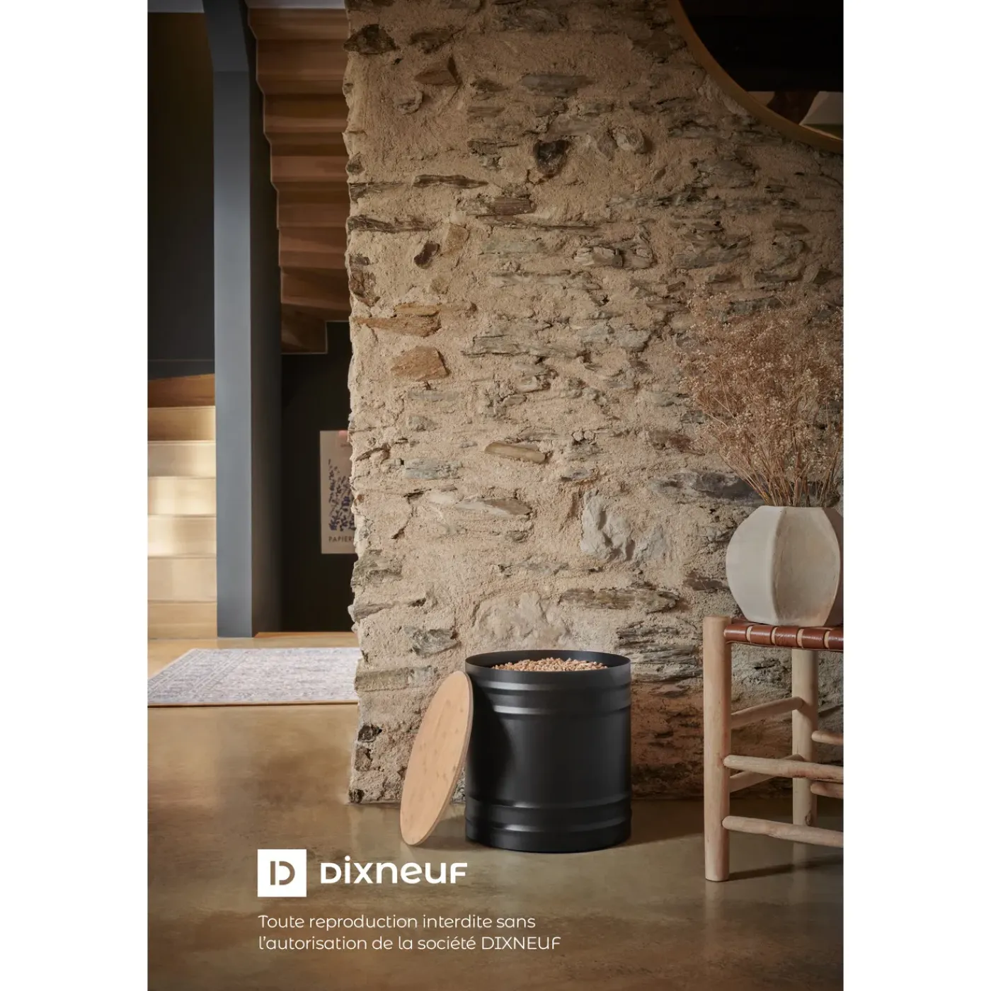 Overig Réserve à granulés ARIZONA acier noir avec couvercle bambou