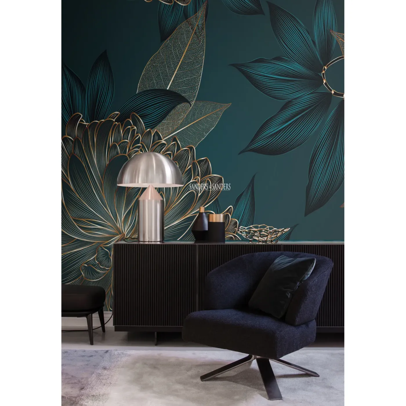 Sanders & Sanders Fotobehang Bloemen Diepblauw - 350 X 279 Cm - 600997