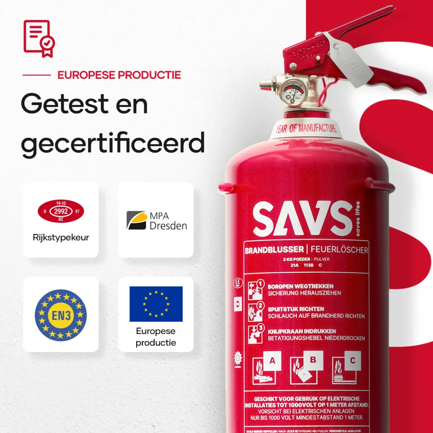SAVS Brandblus Box - Poederblusser 3 Kg + Blusdeken - L - Met Montagebeugel