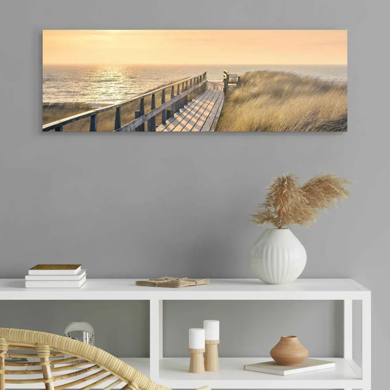 Schilderij Strandpad - 90x30 cm - Zand - Hout