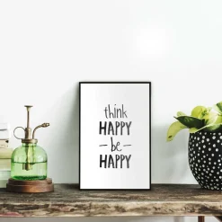 Overig Schilderij Think Happy, Be Happy - 20x30 cm - Zwart-Wit - Hout