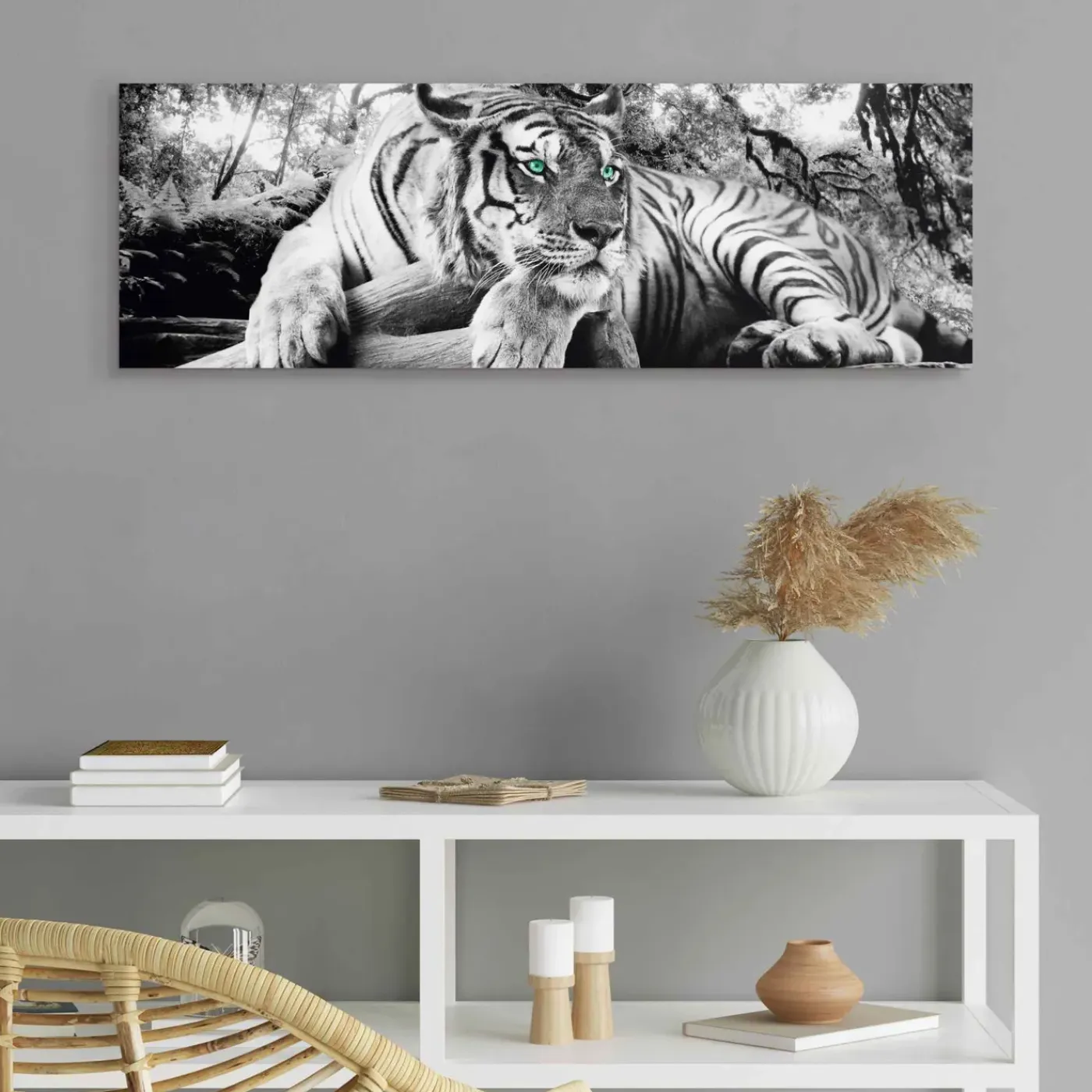 Overig Schilderij Tijger - 90x30 cm - Zwart-Wit - Hout