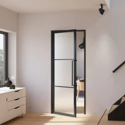 Schulte Complete Glazen Binnendeur – 99x235– Atelier – Matzwart – Satijn – 3 Ruiten–scharnier Links