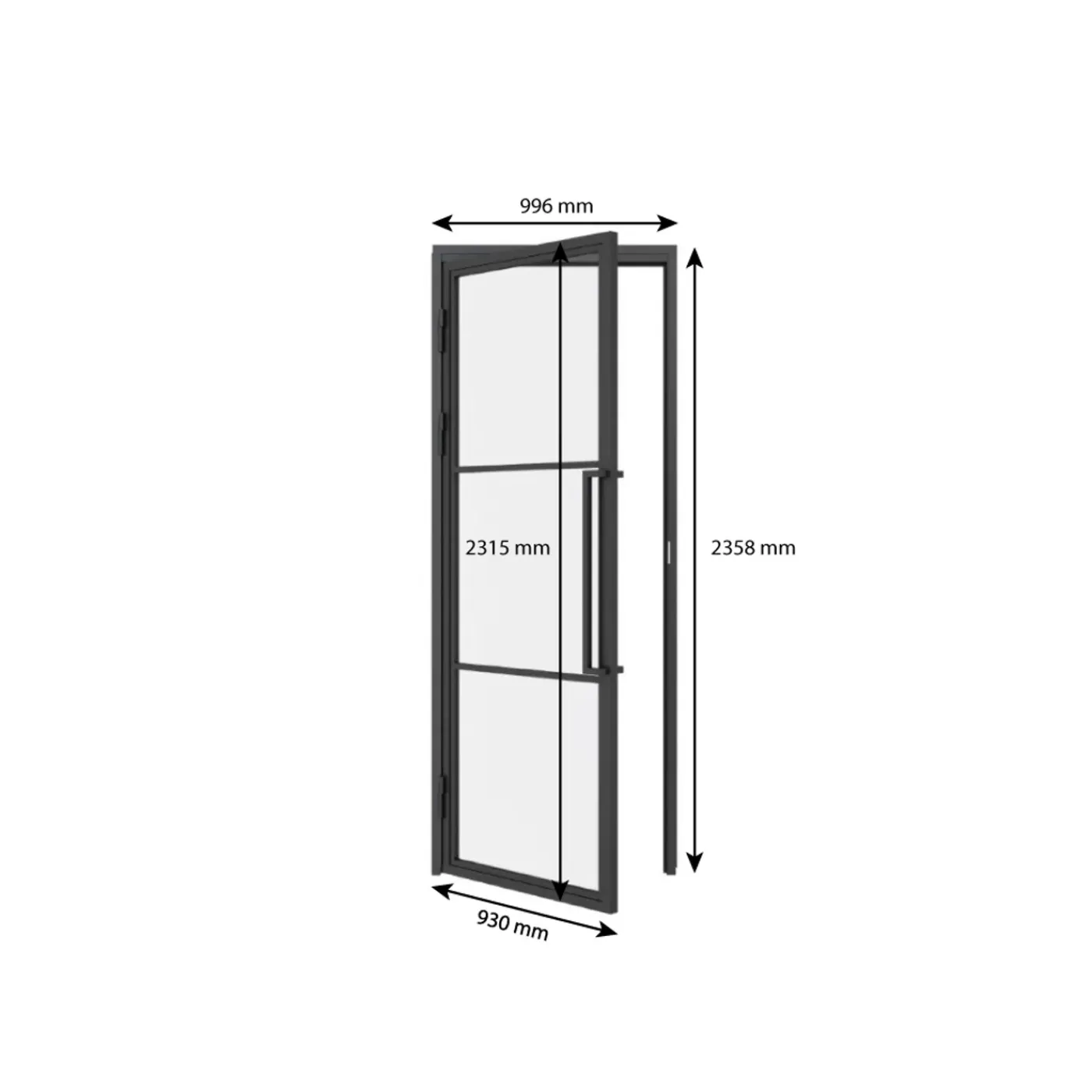 Schulte Complete Glazen Binnendeur – 99x235– Atelier – Matzwart – Satijn – 3 Ruiten–scharnier Links