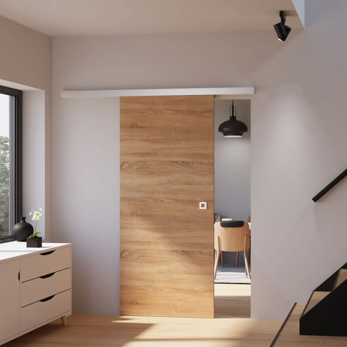 Schulte complete schuifdeur binnendeur hout - 88x203 cm - eiken decor - vierkant handvat alu