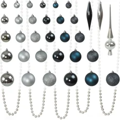 4seasonz Kerstballen Set 130 Kunststof - Ballen, Piek En Snoer - Zilver/blauw