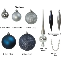 4seasonz Kerstballen Set 130 Kunststof - Ballen, Piek En Snoer - Zilver/blauw