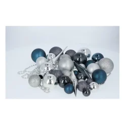 4seasonz Kerstballen Set 130 Kunststof - Ballen, Piek En Snoer - Zilver/blauw