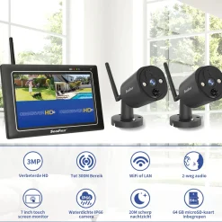 SecuFirst CWL401S/2 Met 7 inch monitor en 2x Draadloze Beveiligingscamera - Zwart