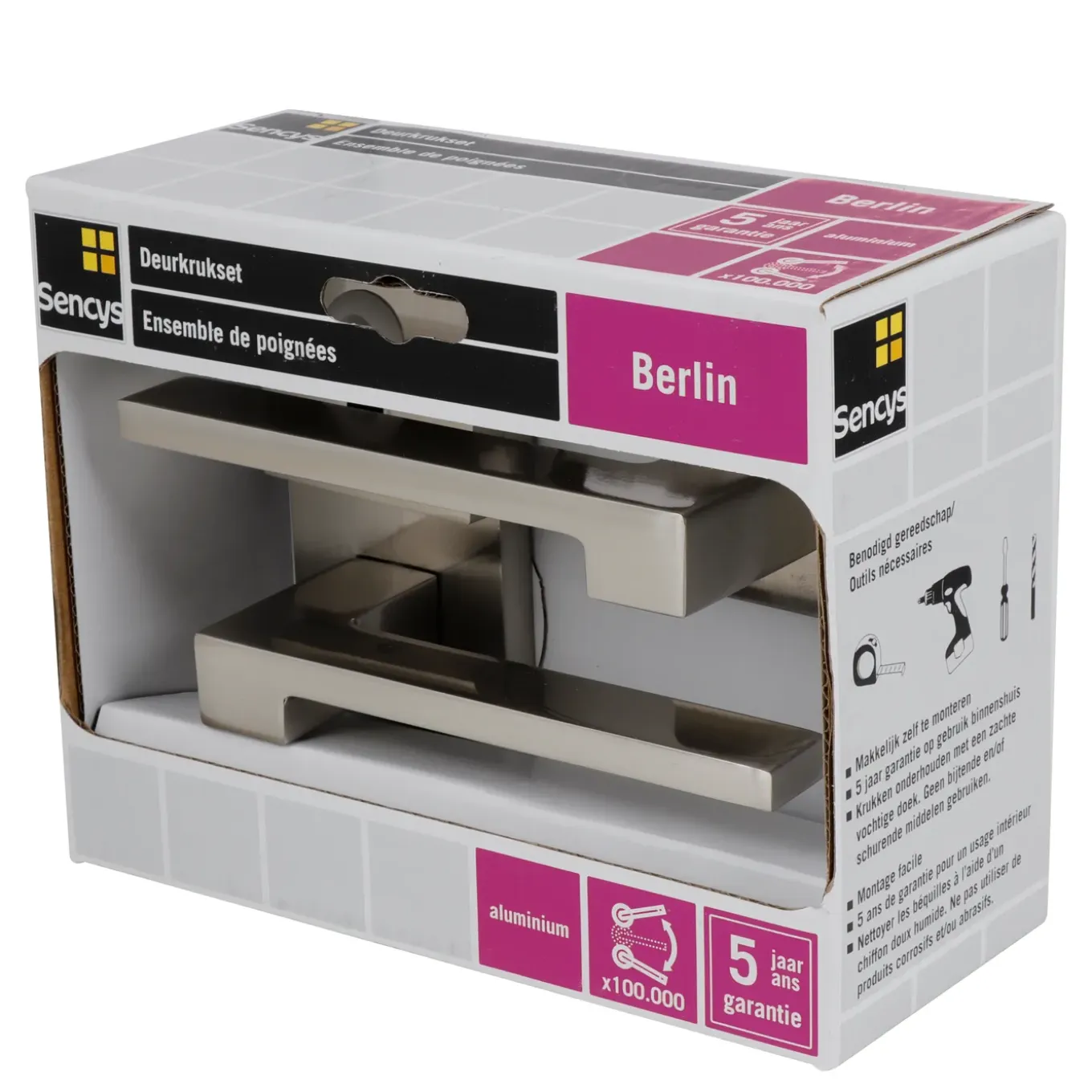 Sencys Deurkruk op Rozet Berlin - Aluminium - RVS Look Satin - Sleutelgat - Vierkant Rozet - 128 mm