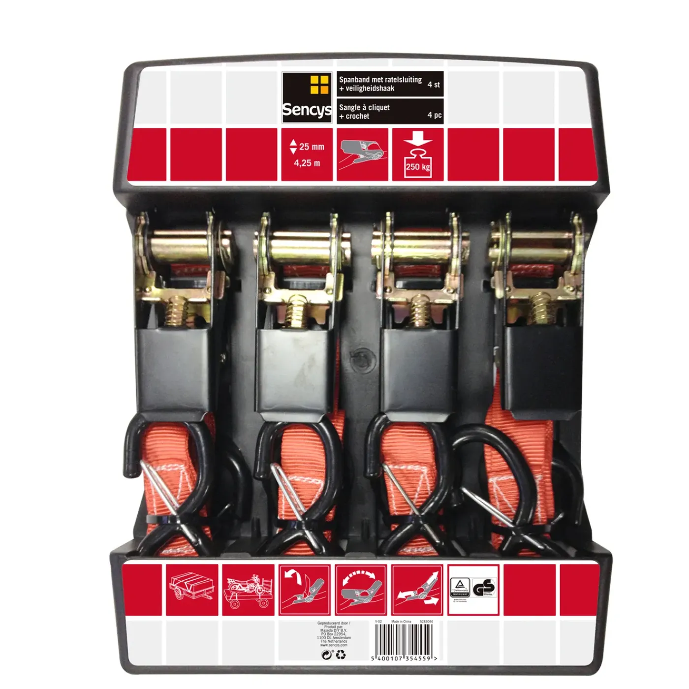 Sencys Ratelsjorband Rood met Veiligheidshaak - 4,25mx25mm - 250kg - 4 stuks
