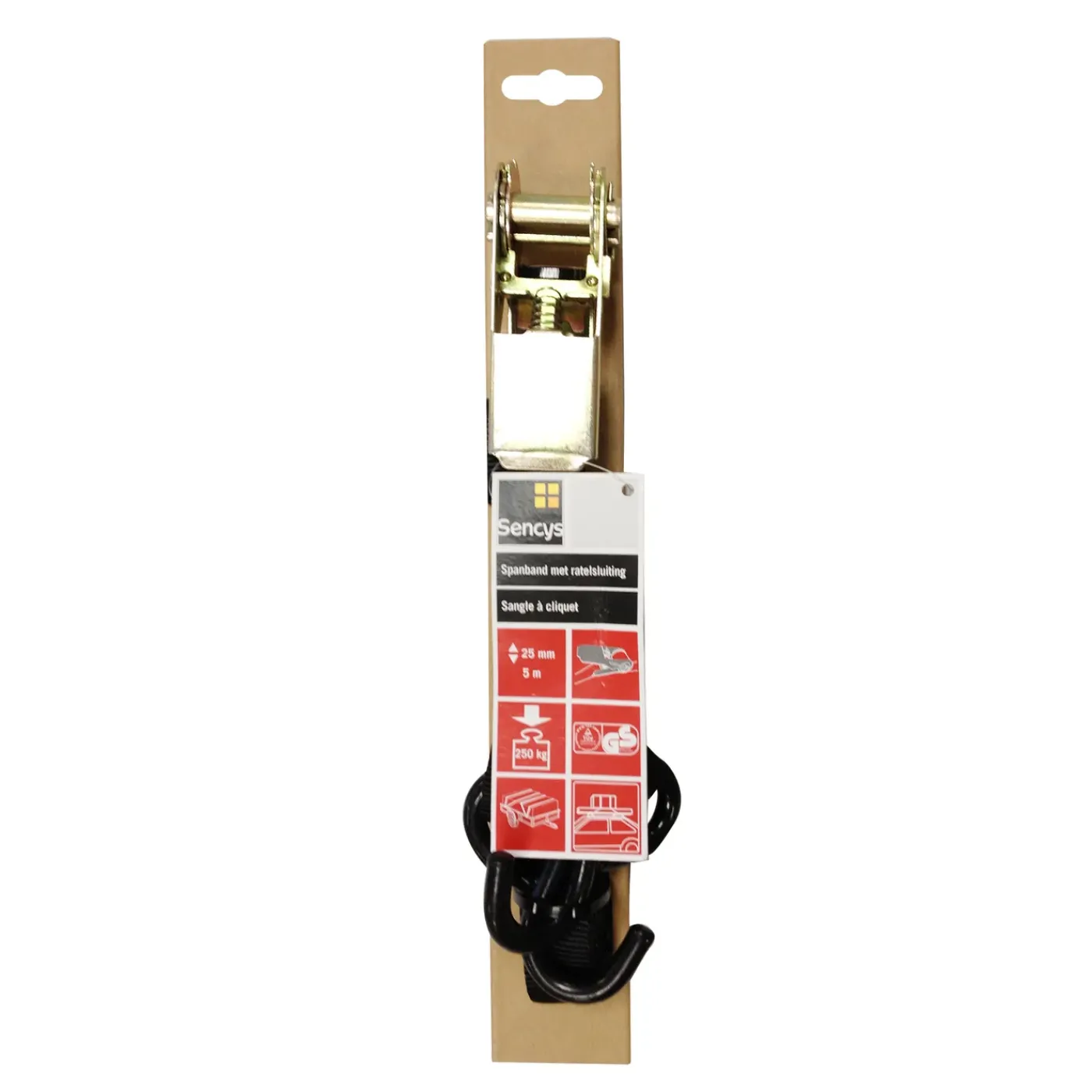Sencys Ratelsjorband Zwart met haak - 5mx25mm - 250kg