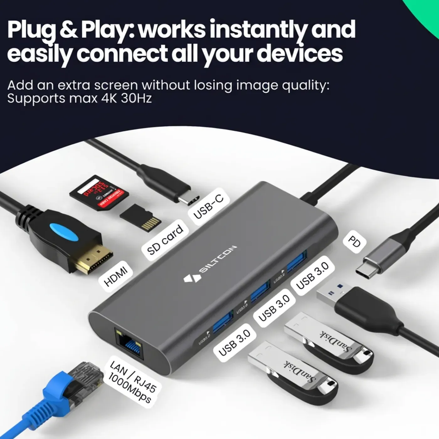 Siltcon Hub 8-in-1 Usb-c - Hdmi 4k - Rj45 - Sd Tf - 3x Usb 3.0