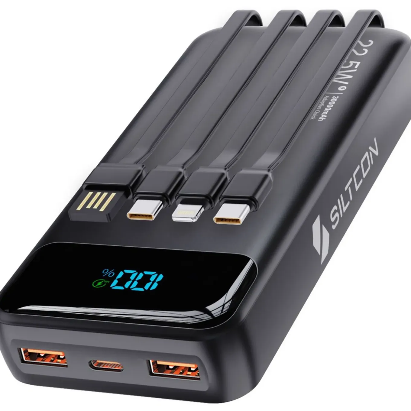 Siltcon Powerbank 30000mah - Usb-c 22.5w - 4 Kabels - Zwart