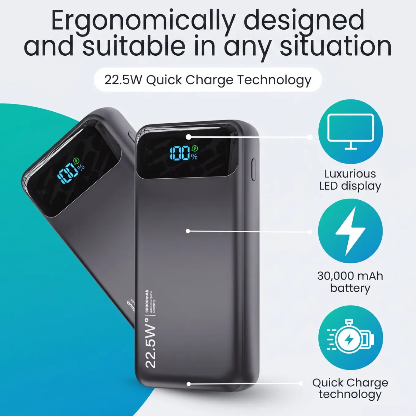 Siltcon Powerbank 30000mah - Usb-c 22.5w - 4 Kabels - Zwart