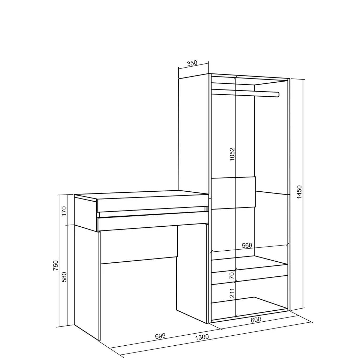Skraut Home - Consoletafel Haltafel - Open Kledingkast - 130x35x145 Cm - Wit