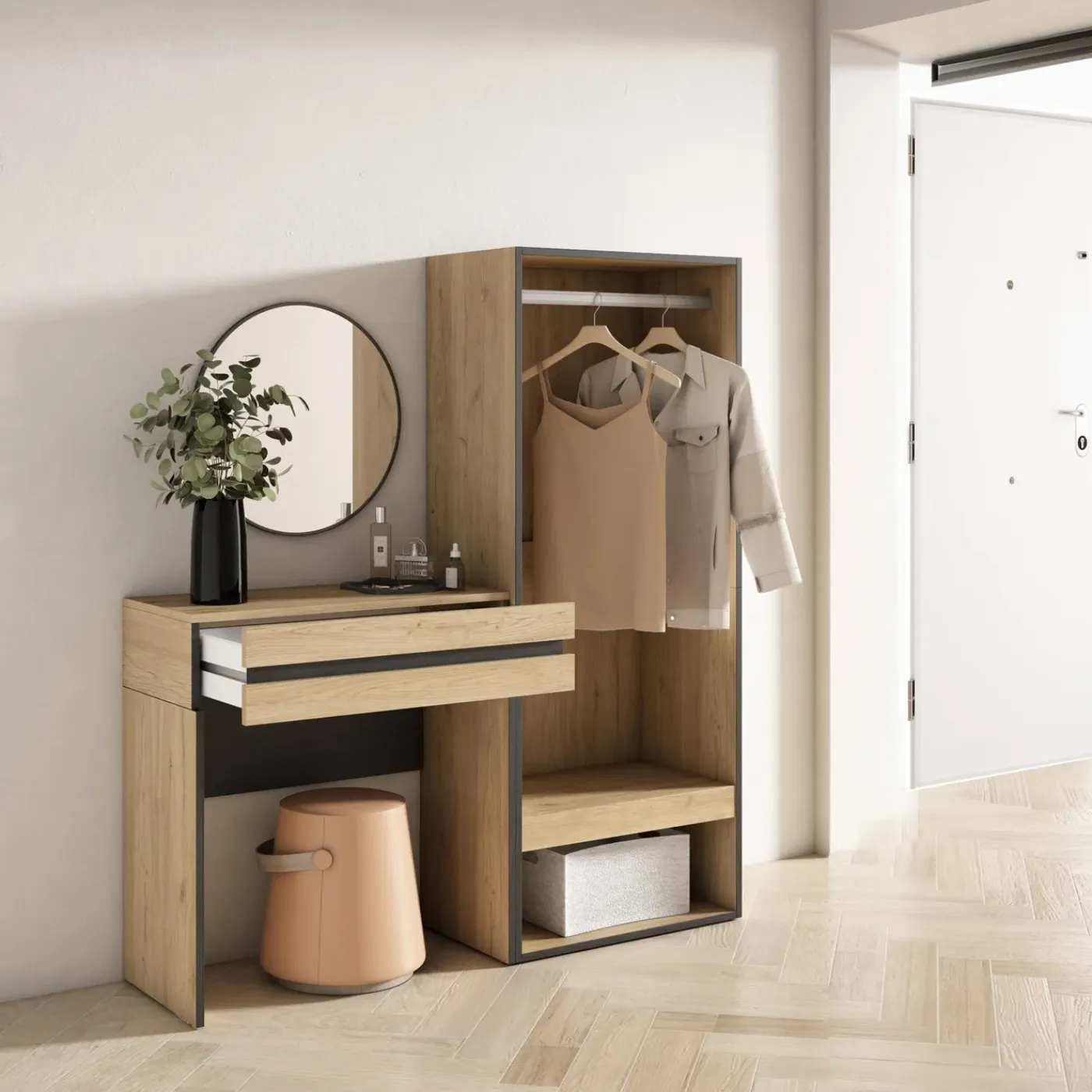 Skraut Home - Consoletafel Haltafel - Open Kledingkast - 130x35x145 Cm - Eiken