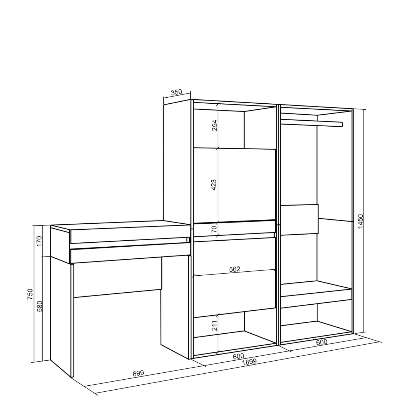 Skraut Home - Consoletafel Haltafel - Schoenenkast - Open Kledingkast - 190x35x145 Cm - Eiken