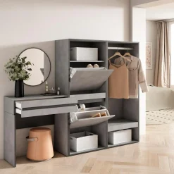 Skraut Home - Consoletafel Haltafel - Schoenenkast - Open Kledingkast - 190x35x145 Cm - Cementgrijs