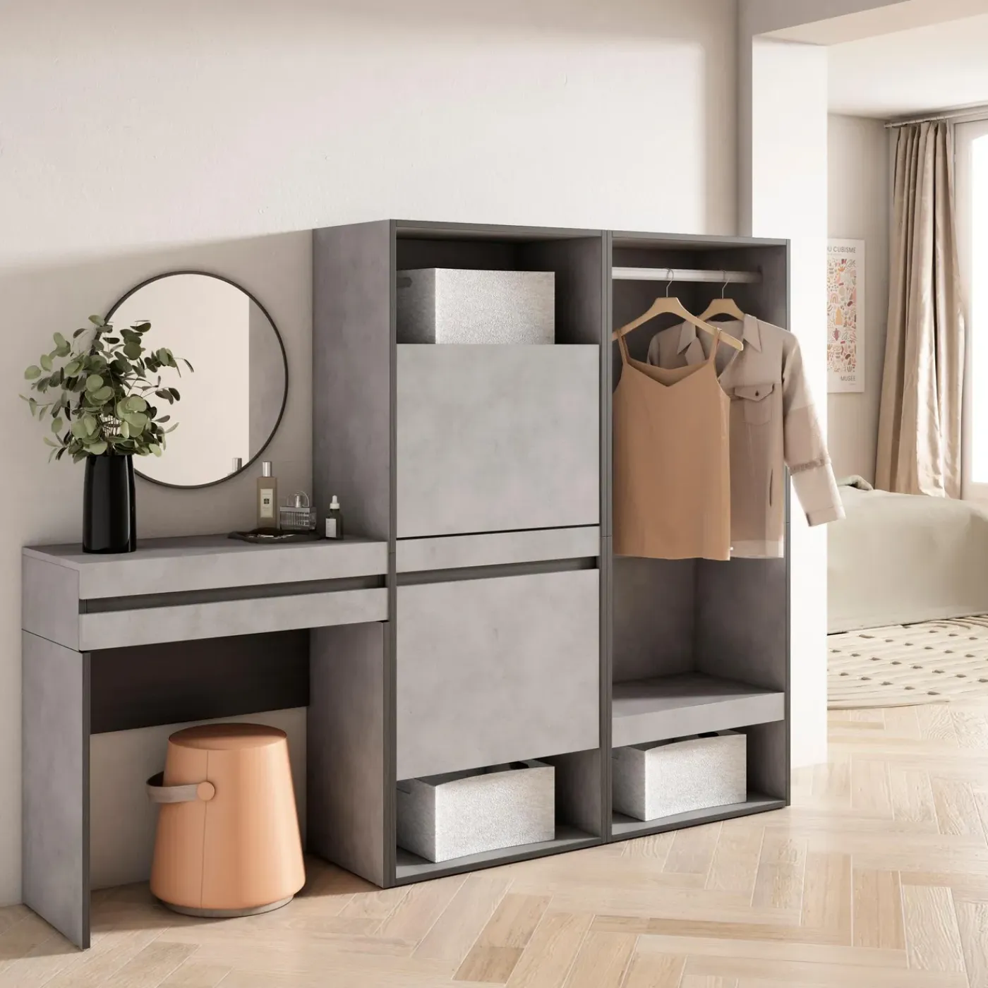 Skraut Home - Consoletafel Haltafel - Schoenenkast - Open Kledingkast - 190x35x145 Cm - Cementgrijs