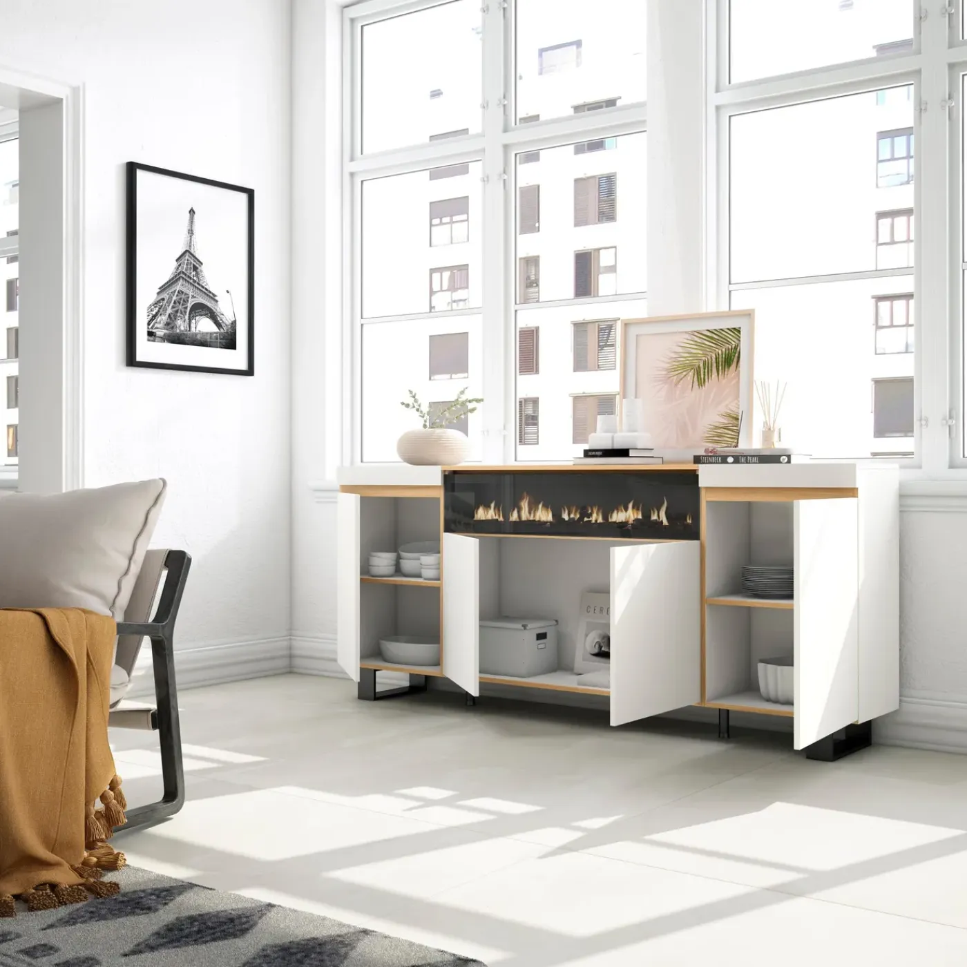 Skraut Home - Dressoir - Elektrische Haard - 200x35x87 Cm - Wit En Eiken Soft