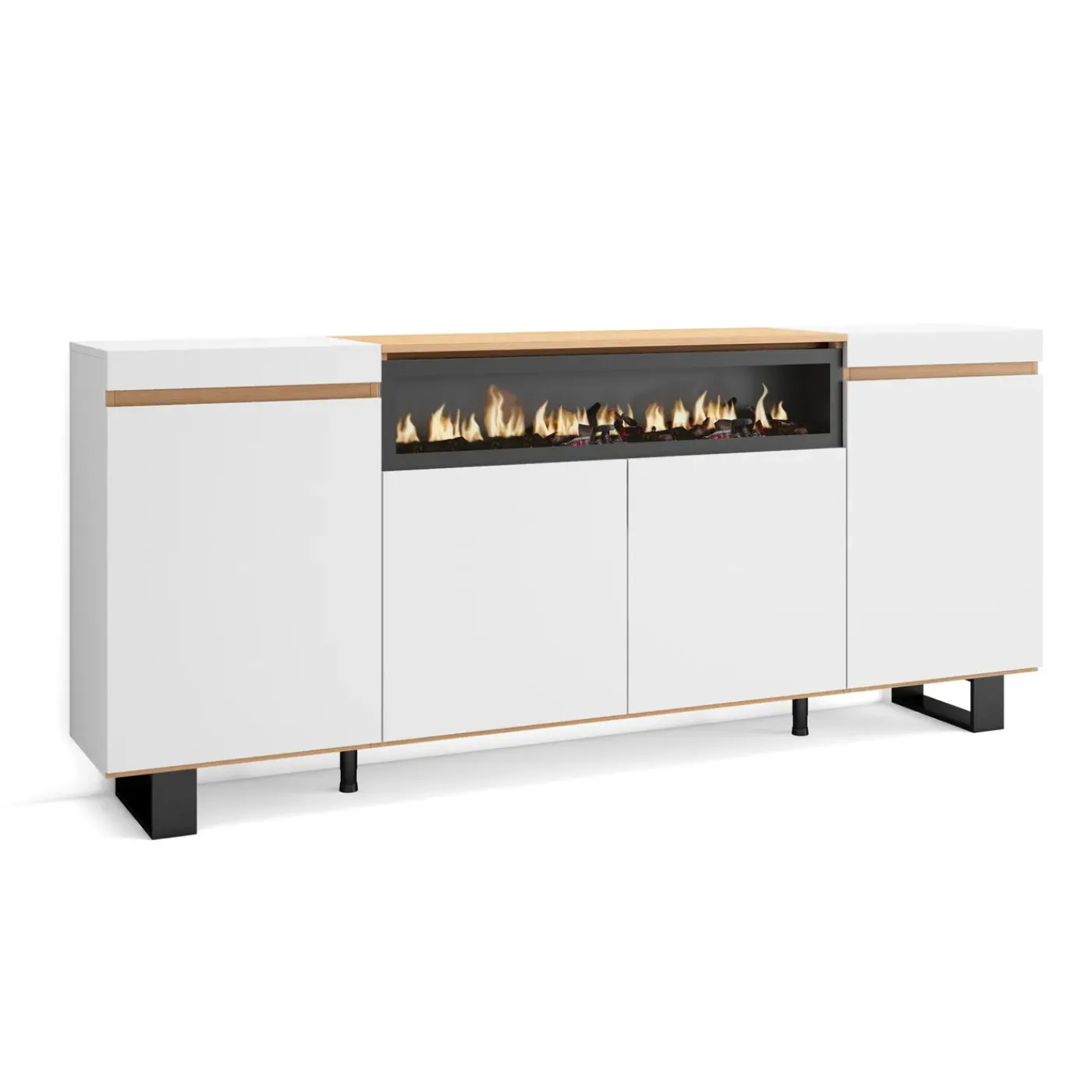 Skraut Home - Dressoir - Elektrische Haard - 200x35x87 Cm - Wit En Eiken Soft