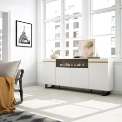 Skraut Home - Dressoir - Elektrische Haard - 200x35x87 Cm - Wit En Eiken Soft