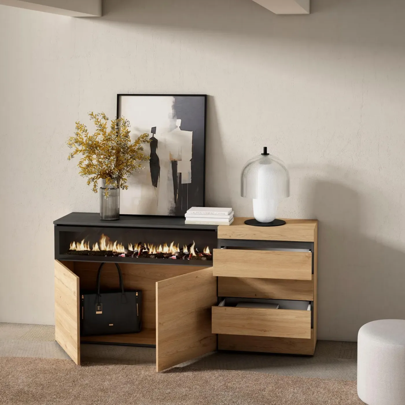 Skraut Home - Dressoir - Opbergkast - Elektrische Haard - Ladekast - Commode - 157x35x75 Cm - Eiken