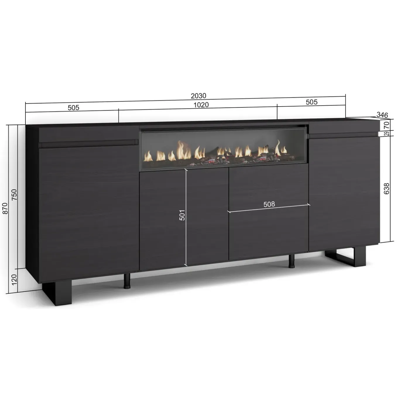 Skraut Home - Dressoir - Opbergkast - Met Elektrische Haard - 200x35x87 Cm - Zwart