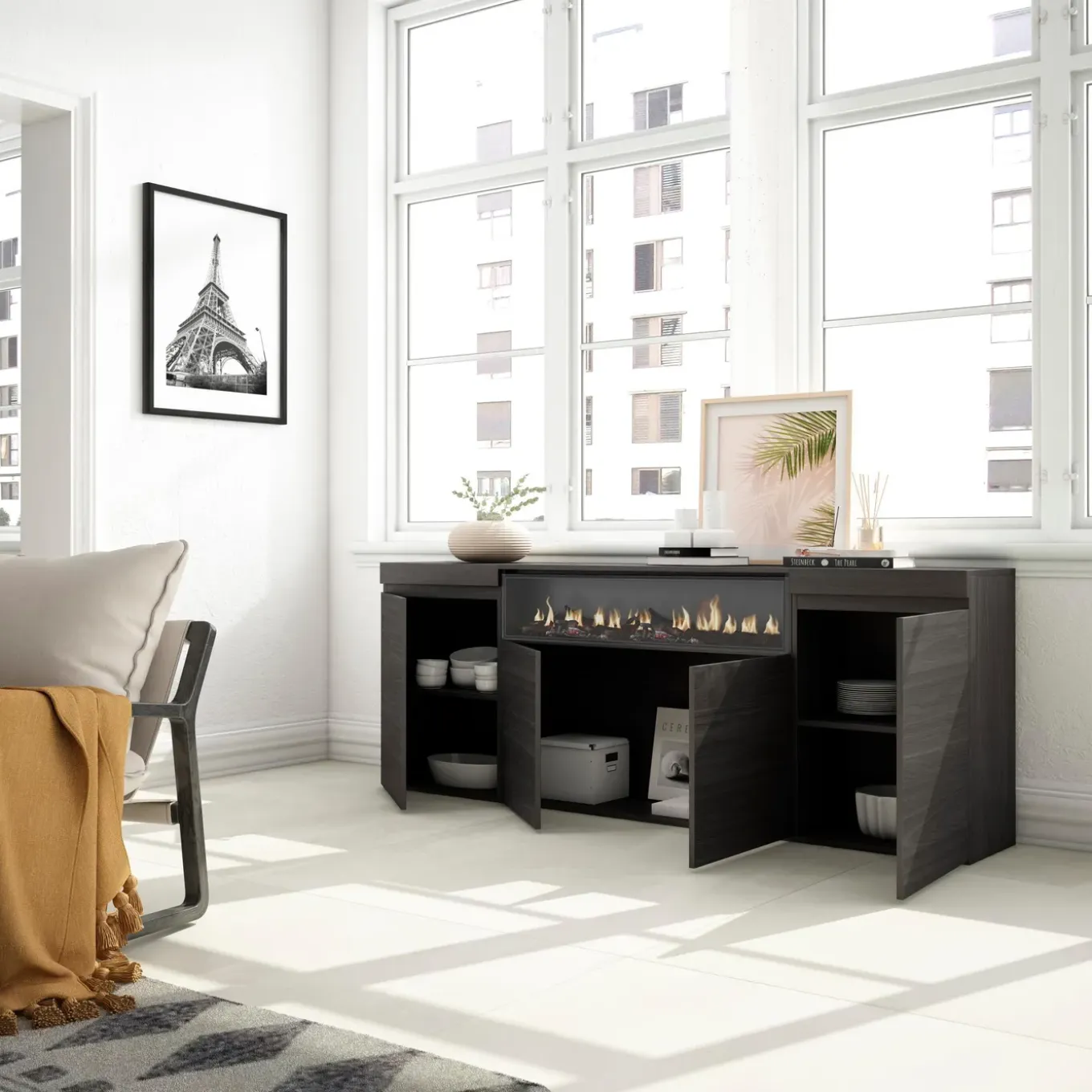 Skraut Home - Dressoir - Opbergkast - Met Elektrische Haard - 200x35x87 Cm - Zwart