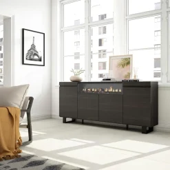 Skraut Home - Dressoir - Opbergkast - Met Elektrische Haard - 200x35x87 Cm - Zwart