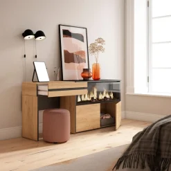 Skraut Home - Kaptafel Make Uptafel - Elektrische Haard Xxl - 177x35x75 Cm - Eiken