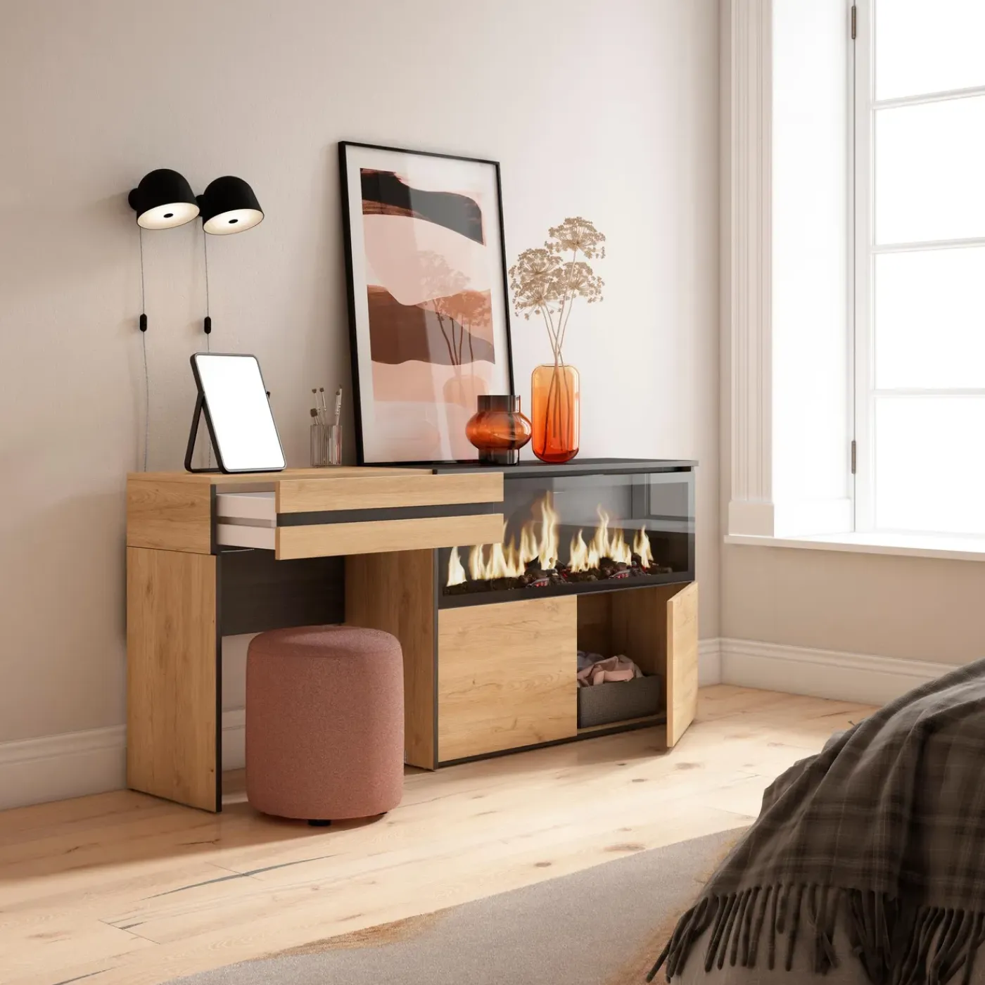 Skraut Home - Kaptafel Make Uptafel - Elektrische Haard Xxl - 177x35x75 Cm - Eiken