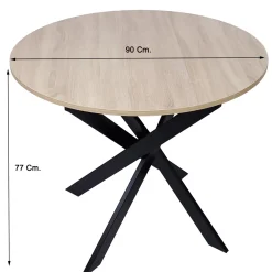 Skraut Home - Ronde Eettafel - 90x90x77 Cm - Eik Kleur - Eiken En Zwart