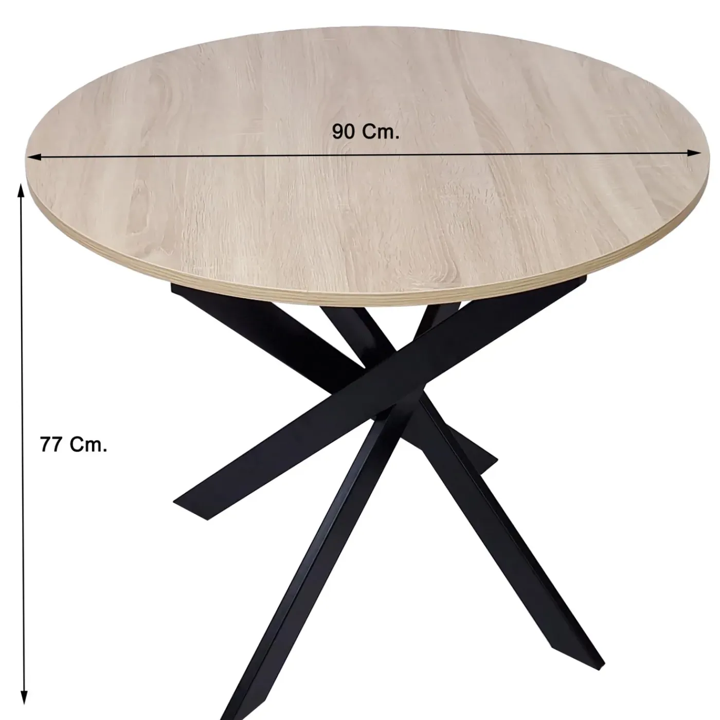 Skraut Home - Ronde Eettafel - 90x90x77 Cm - Eik Kleur - Eiken En Zwart