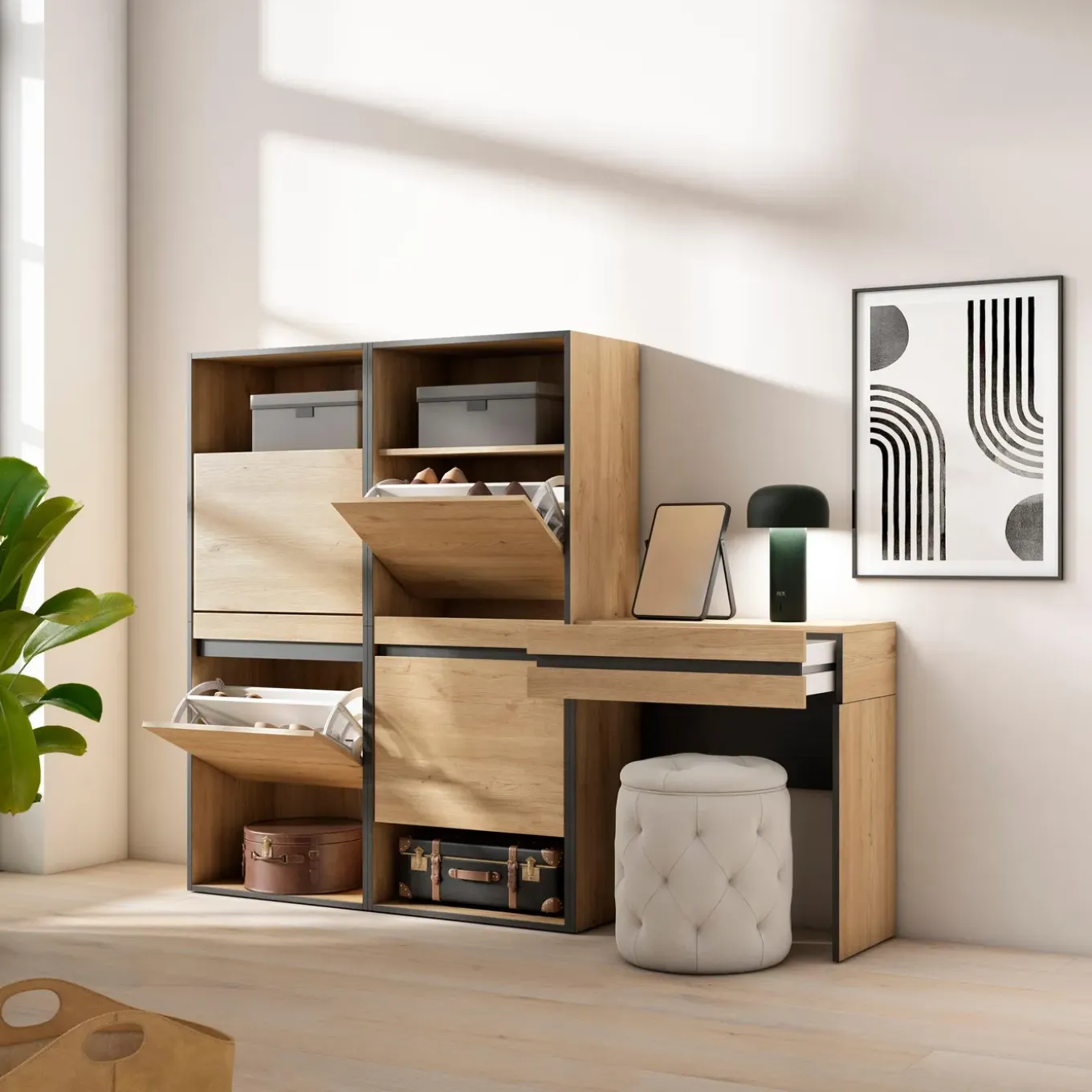 Skraut Home - Schoenenkast - Kaptafel Make - Uptafel - 190x35x145 Cm - Eiken