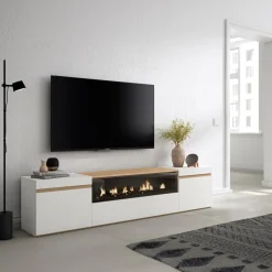 Skraut Home - Tv Meubel - Elektrische Haard - 200x35x45 Cm - Wit En Eiken Soft