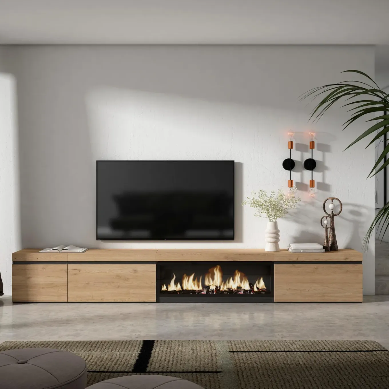 Skraut Home - Tv Meubel - Elektrische Haard Xxl - 318x35x45 Cm - Eiken