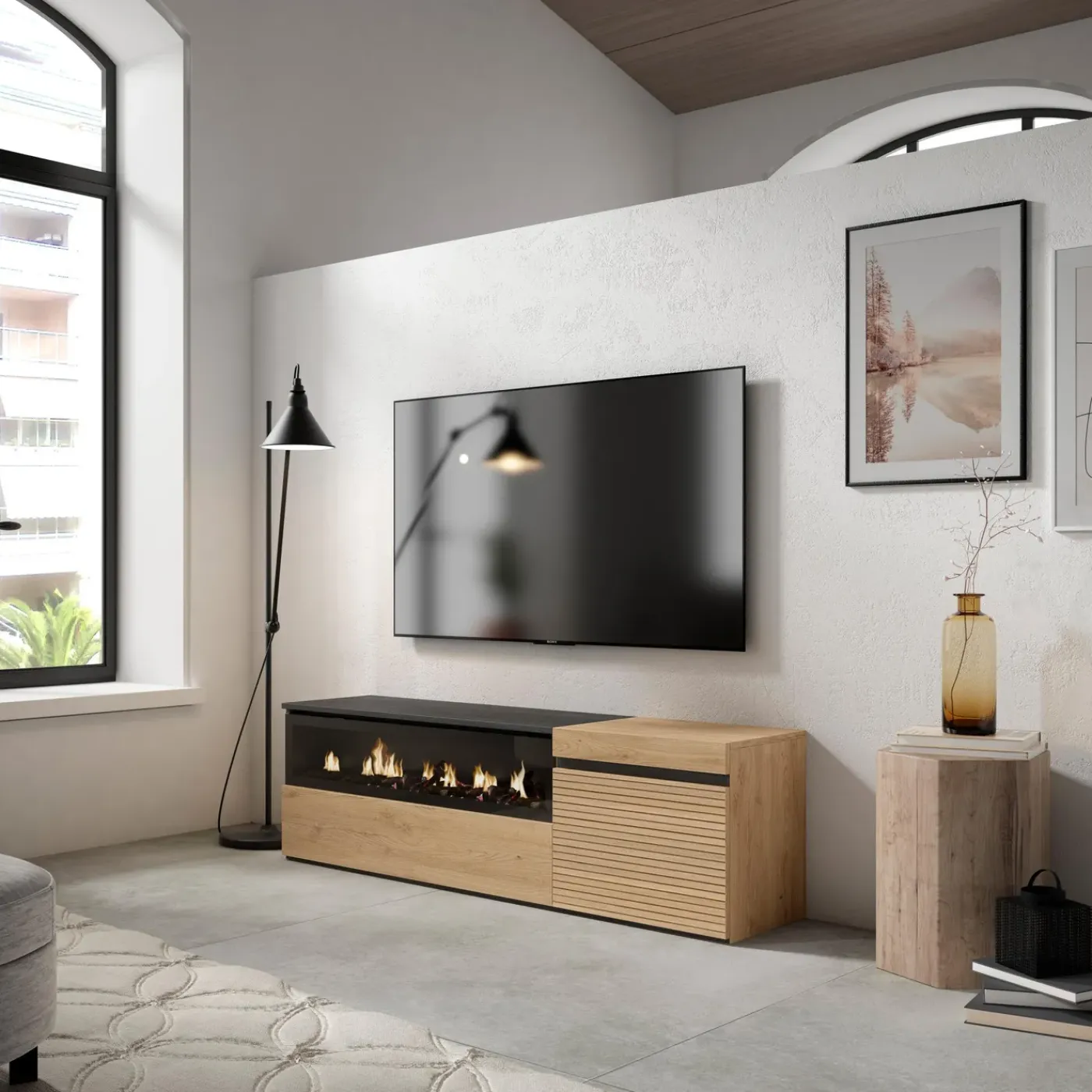 Skraut Home - Tv Meubel - Elektrische Haard - 150x35x45 Cm - Eiken