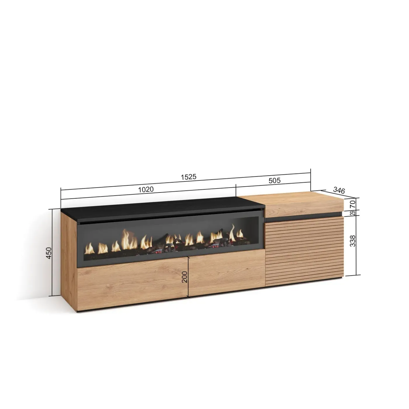 Skraut Home - Tv Meubel - Elektrische Haard - 150x35x45 Cm - Eiken