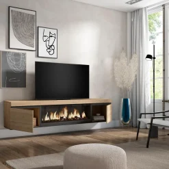 Skraut Home - Tv Meubel - Met Elektrische Haard Xxl - Hangend - 208x35x45 Cm - Eiken