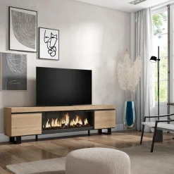 Skraut Home - Tv Meubel - Met Elektrische Haard Xxl - 208x35x57 Cm - Eiken