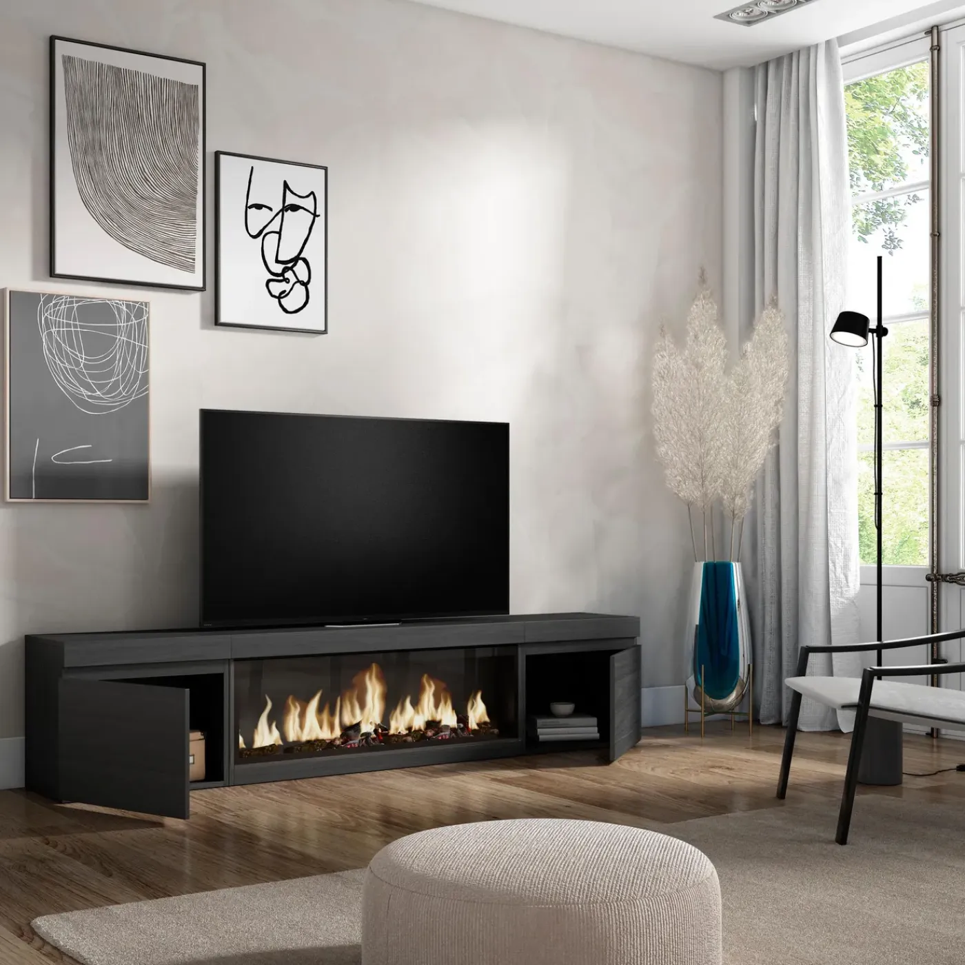 Skraut Home - Tv Meubel - Met Elektrische Haard Xxl - 208x35x45 Cm - Zwart