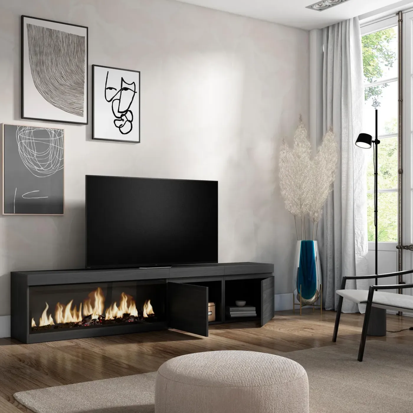 Skraut Home - Tv Meubel - Met Elektrische Haard Xxl - 208x35x45 Cm - Zwart