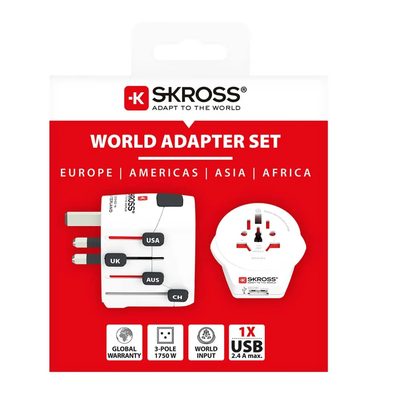 Skross - De krachtige 3-polige wereldreisadapter met USB-poort
