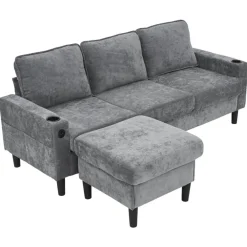 NO BRAND Slaapbank 3 Plaatsen In Modulaire L-vorm, Linnenstof Grijs, Met Usb-poorten, 202x137x80 Cm